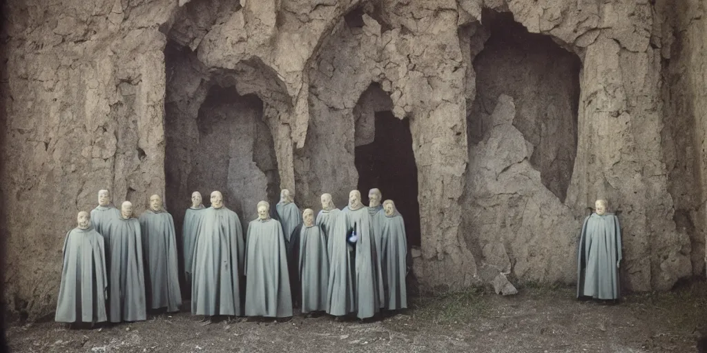 Prompt: humanoid alien robed benedictine monks sing in a boreal crumbling stone gothic brutalist monastery kodak portra ektachrome