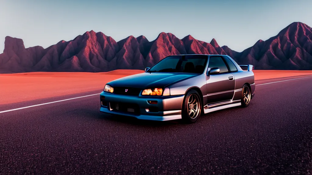 Image similar to three quarter front photo of a stock dark grey nissan r 3 2 skyline gtr on a road in a desert with a mountain in the background in the early morning, car photography, zoom lens, blue hour, photorealistic