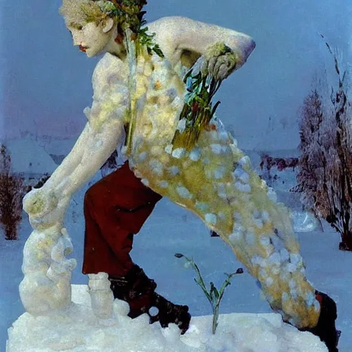 Image similar to a sculpture made of snow and ice and flower and plants, painting part by wojciech siudmak, part by ilya repin, part by max ernst, part by norman rockwell, artstation