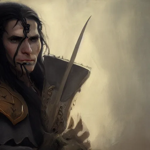 Prompt: character design, portrait of a attractive half elf half orc male with long black hair and proeminent cheekbones, medieval, dark armor, painting by wlop, nixeu and greg rutkowski, beautiful, cgsociety, semirealism, artstation, octane render, sharpness, 8 k, golden ratio