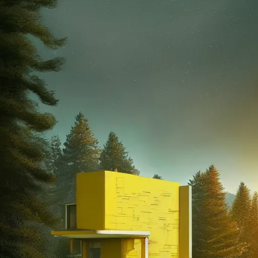 Image similar to futuristic yellow house on a hill with big trees, multiple moons, dramatic lighting, artstation, matte painting, raphael lacoste, simon stalenhag, frank lloyd wright, zaha hadid