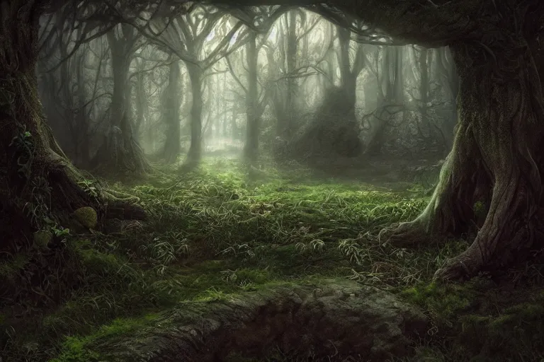 Image similar to secret garden, dark, spooky, dreamlike, in the style of pan's labyrinth movie, low light, hyperrealistic, coherent composition, artstation, matte painting, concept art, edward hughes