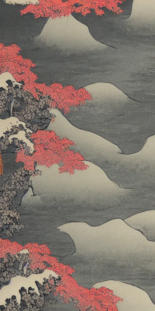 Image similar to hokusai, steps leading up to a temple, japanese style, black ink, a beautiful oil painting of a rocky valley covered in snow trees with red leaves thunderstorm in the sky blue lighting gloomy atmospheric light