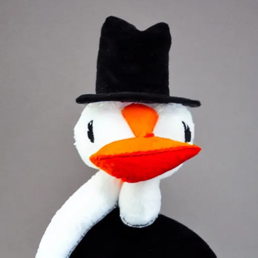 Prompt: plush of a stork wearing a black suit