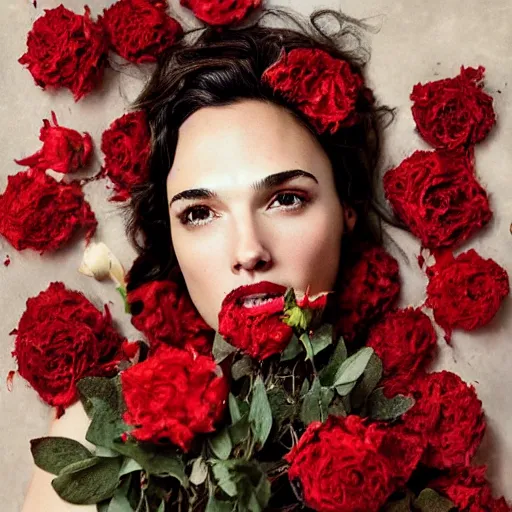 Prompt: full body fine art photo of the beauty gal gadot, she is covered with dried roses, taken by oleg oprisco