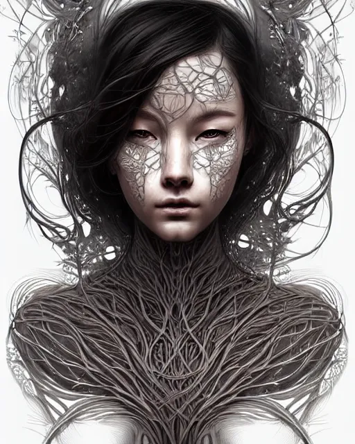 Image similar to digital art, centered portrait with face made with intricate roots, by james jean and by artgerm, by ross tran, ultradetailed, charachter design, concept art, trending on artstation,