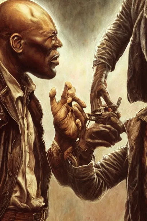 Prompt: a man in a brown leather jacket and a black man in a white shirt. in the style of of true detective fanfare. art by tomasz alen kopera and glenn fabry.