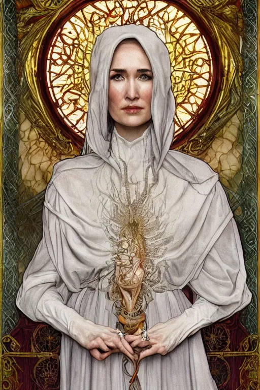 Prompt: carice van houten as a fire priest, anatomy, cute, fantasy, intricate, elegant, highly detailed, digital painting, 4 k, hdr, concept art, smooth, sharp focus, illustration, art by artgerm and h r giger and alphonse mucha