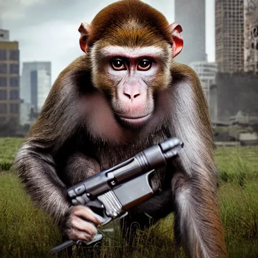 Prompt: realistic photo, a monkey holding a gun dressed as a cowboy, post apocalyptic city