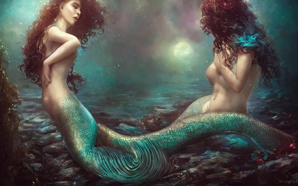 Image similar to beautiful mermaid with curly hair, dreamscape, magical details, magical atmosphere, cinematic lighting, hyper - detailed, cgsociety, 3 - d 8 k, high resolution, in the style of charlie bowater, tom bagshaw, alexis franklin, elena masci, pawel rebisz