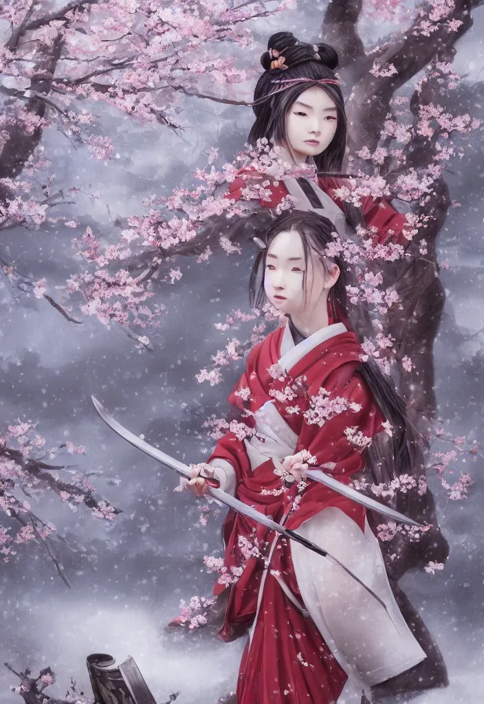 Image similar to detailed matte painting of girl samurai in hakama with swords and rifles, in snow forest sakura cherry blossom, taisho roman, by wlop and krenz kushart, elite, elegant, luxury, perfect face, fine details