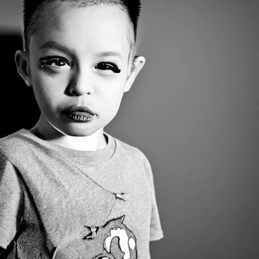 Image similar to the face of punk rock alien boy at 5 years old wearing balenciaga clothing, black and white portrait by julia cameron, chiaroscuro lighting, shallow depth of field, 8 0 mm, f 1. 8