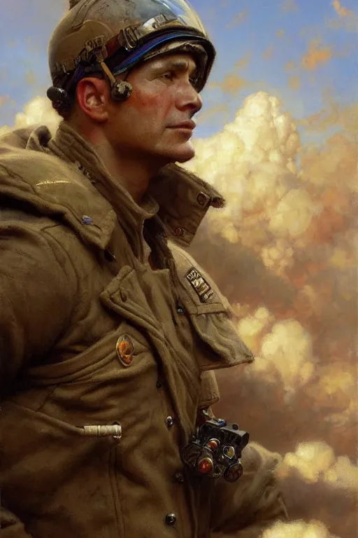 Image similar to bomber pilot, highly detailed painting by gaston bussiere, craig mullins, j. c. leyendecker 8 k