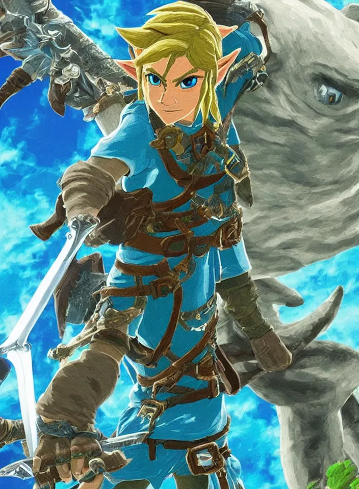 Prompt: a highly detailed render of link from the legenda of Zelda breath of the wild killing monster Bolsonaro with his sword, 4k screenshot