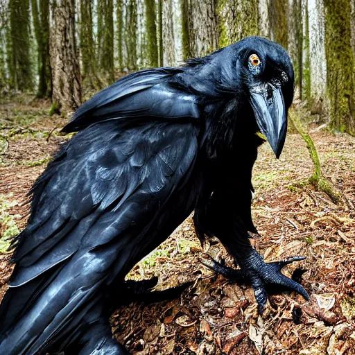 Image similar to !!! chimera consisting of male human and crow, photograph captured in a forest