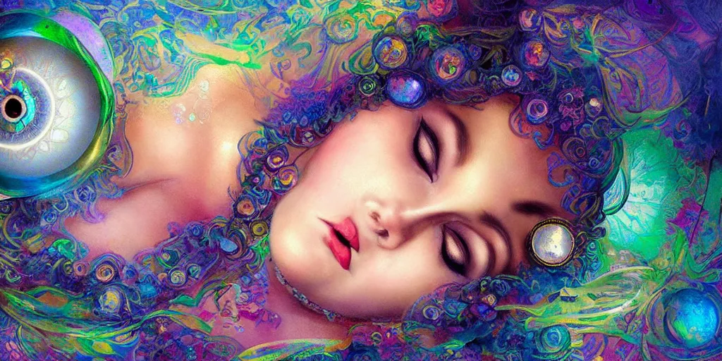 Image similar to detailed portrait of an ethereal gypsy woman laying down with big eyes, glowing face, crystal ball, half moon, photorealistic, colorful dress, in the style of ruan jia, karol bak, holographic undertones, art nouveau, moon phases, mosaic forest background, intricate, smooth, sharp focus, dramatic lighting, illustration, hdr, artgerm
