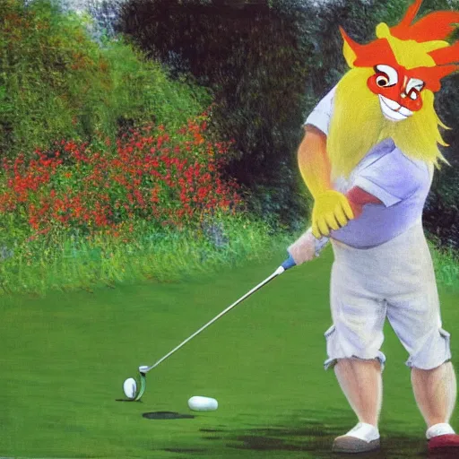 Prompt: dave chizzy chisnall playing golf with snarf from thundercats, as painted by claude monet