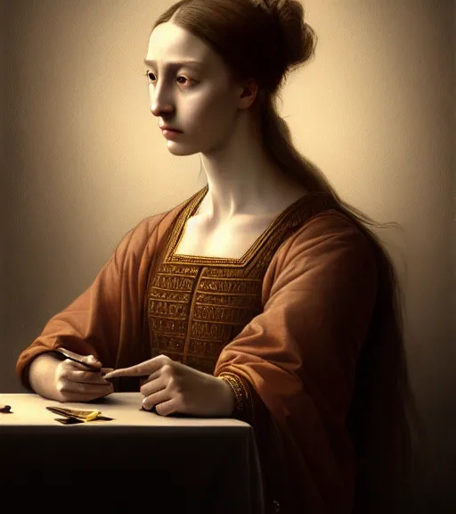 Image similar to portrait of a crisis sitting upon a table with heightened detail, poised, intense emotion, detailed facial expression, detailed surroundings, intricate, elegant, highly detailed, centered, digital painting, artstation, concept art, smooth, sharp focus, illustration, by ( leonardo da vinci ), wlop