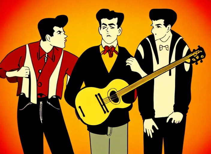 Prompt: rockabilly band 1950s, high detail, golden hour, 8K, by studio ghibli