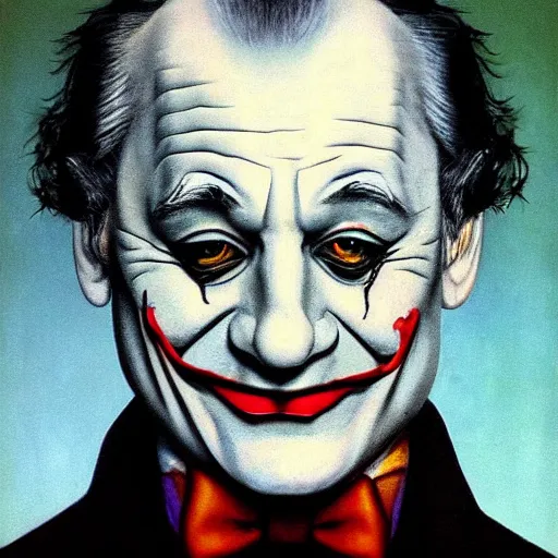 Image similar to Bill Murray as the Joker by Raphael, Hopper, and Rene Magritte. detailed, romantic, enchanting, trending on artstation.