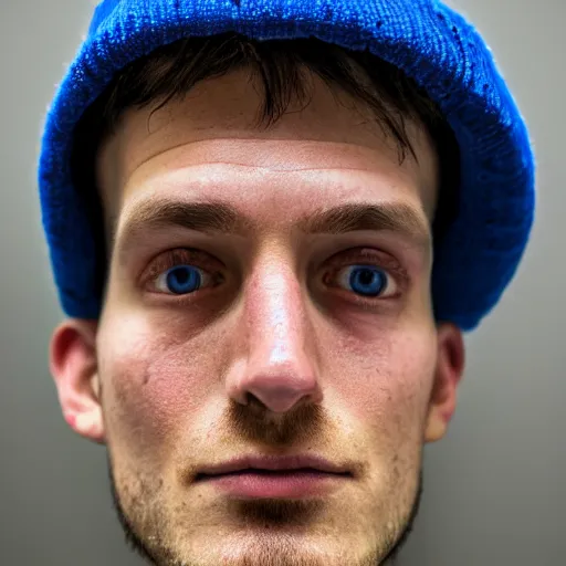 Image similar to close-up a 25 year old man wearing a black winter hat and a orange jail inmate tshirt, inside a underground facility, blue eyes, hideous, side lighting, Jan Kalous, D-55240