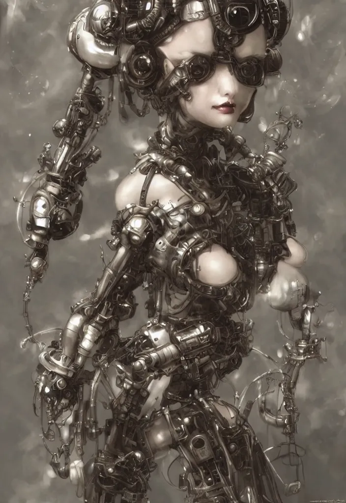 Prompt: dieselpunk robotic mistress, extremely detailed, hyperrealistic, intricate, soft light, fantasy, d & d, digital painting, art station, by yoshitaka amano