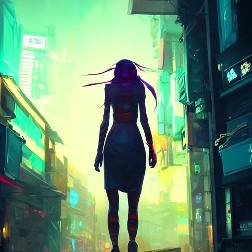 Prompt: a beautiful picture of a girl walking in a cyberpunk street by aurahack and greg rutkowski, low angle shot, cinematic, colorful, trending on artstation