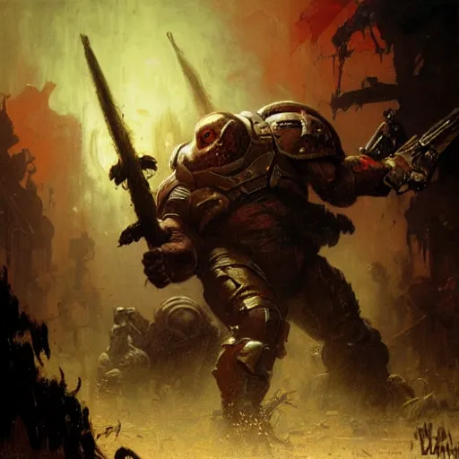 Image similar to Danny DeVito Doom Slayer, knee deep in the dead, by gaston bussiere, craig mullins, Simon Bisley