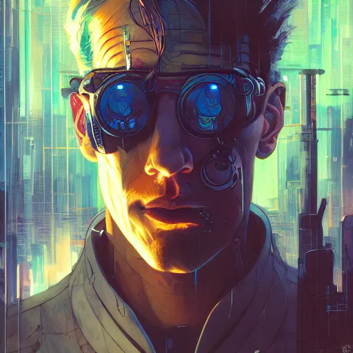 Prompt: apocalyptic cyberpunk man portrait by gaston bussierre and charles vess and james jean and erik jones and rhads, inspired by ghost in the shell, beautiful fine face features, intricate high details, sharp, ultradetailed