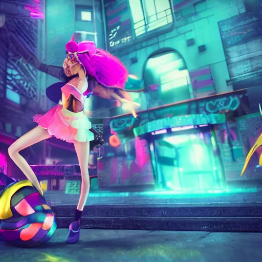 Prompt: a girl like jinx and Princess peach, dancing, background jet ground radio, fullshot, raytrayced, octane render,volumetric lighting, epic composition, intricate details, dark neon punk, by myanko