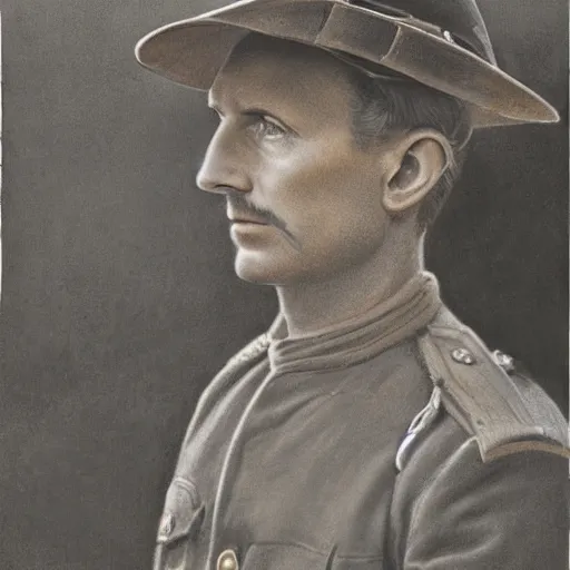 Image similar to a detailed photorealistic sepia - toned color portrait painting of a 1 9 1 7 worried clean - shaven british lieutenant in detailed field gear wearing a finely - detailed pith helmet in wadi rum examining an ancient cylindrical clay jar, ultra realistic, intricate details, atmospheric, dark, horror, brooding, highly detailed, by clyde caldwell