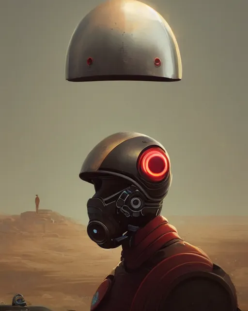 Image similar to portrait of sentient machine with oval helmet with a red chip on left side, by greg rutkowski, wlop, beeple, dan mumford, octane render, trending on artstation, symmetrical artwork. cinematic, key art, hyperrealism, high detail, 8 k