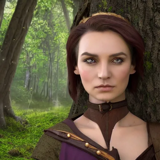 Image similar to anya charlota as a medieval fantasy wood elf, dark purplish hair tucked behind ears, wearing a green tunic with a fur lined collar and brown leather armor, wide, muscular build, scar across nose, one black, scaled arm, cinematic, character art, digital art, forest background, realistic. 8 k,