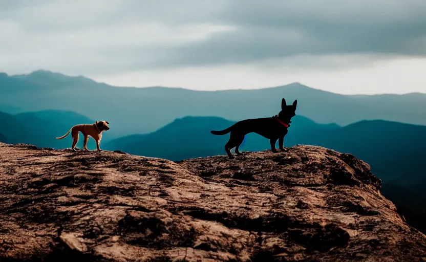 Prompt: movie still of a dog standing on top of a mountain, silhouette, natural light, cinematic lighting, 8 k