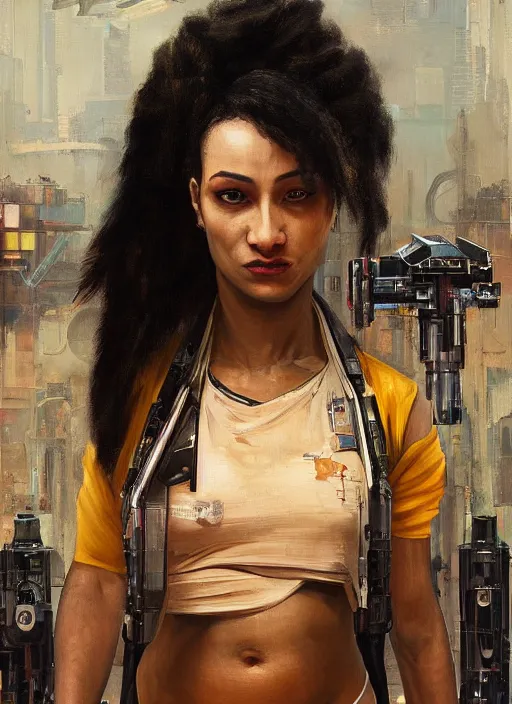 Image similar to Sophie Igwe. Strong Beautiful Cyberpunk mechanic with robotic legs. (Cyberpunk 2077, bladerunner 2049). Gorgeous face. Iranian orientalist portrait by john william waterhouse and Edwin Longsden Long and Theodore Ralli and Nasreddine Dinet, oil on canvas. Cinematic, vivid colors, hyper realism, realistic proportions, dramatic lighting, high detail 4k