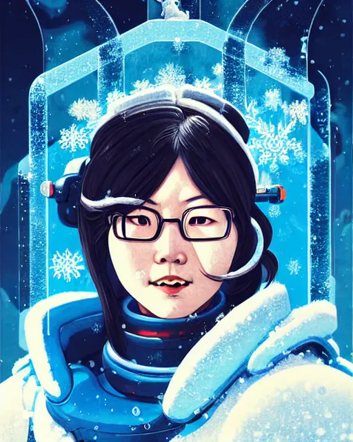 Prompt: mei from overwatch, character portrait, ice, cold, snow, portrait, close up, concept art, intricate details, highly detailed, vintage sci - fi poster, retro future, in the style of chris foss, rodger dean, moebius, michael whelan, and gustave dore