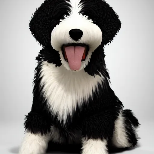 Image similar to a closeup photorealistic photograph of a cute smiling knitted bernedoodle judge dog dressed in a black gown, presiding over the courthouse. indoor image, professional capture, well lit shot. this 4 k hd image is trending on artstation, featured on behance, well - rendered, extra crisp, features intricate detail, epic composition and the style of unreal engine.