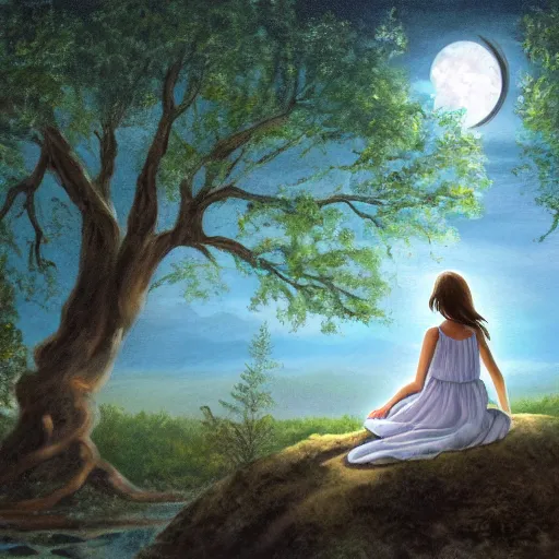 Prompt: a girl in a white dress looks up at the moon while sitting on the roots of an ancient tree next to a pond, the moon can be glimpsed, a towering forest surrounds the pond, high fantasy, dark fantasy, night time, ultra detailed, realistic painting