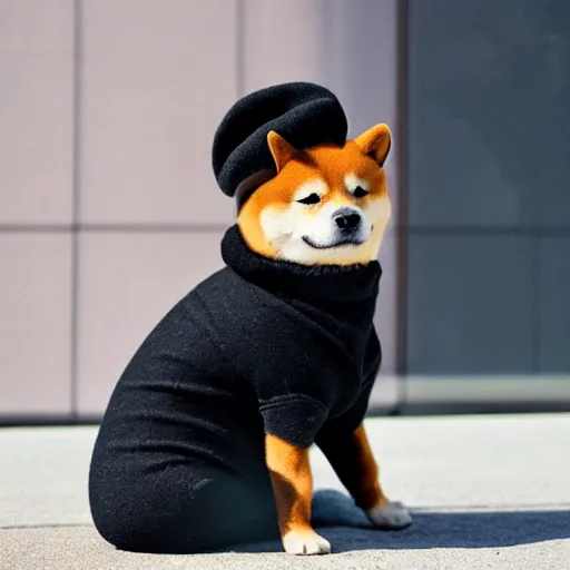 Prompt: a shiba inu dog wearing a beret and black turtleneck