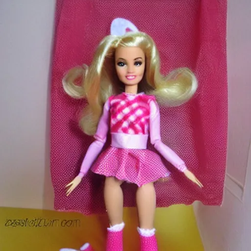 Image similar to barbie doll, bunny costume, playboy, rabbit ears, plaid tights, full length, raspberry banana color, lace