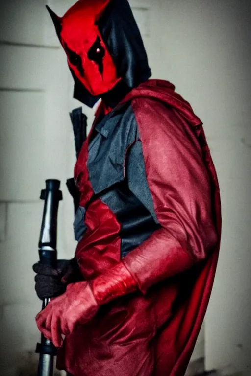 Image similar to red hood cosplay, creepy, disturbing, bloody, darkness, grainy