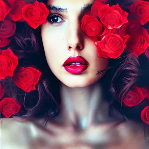 Prompt: fine art photo of the beauty gal gadot, she is merging from red roses, taken by oleg oprisco