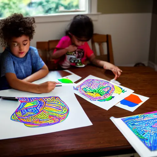 Prompt: Children\'s coloring book on top of a living room table, sun comes in through the window. 4k Canon ISO 1000