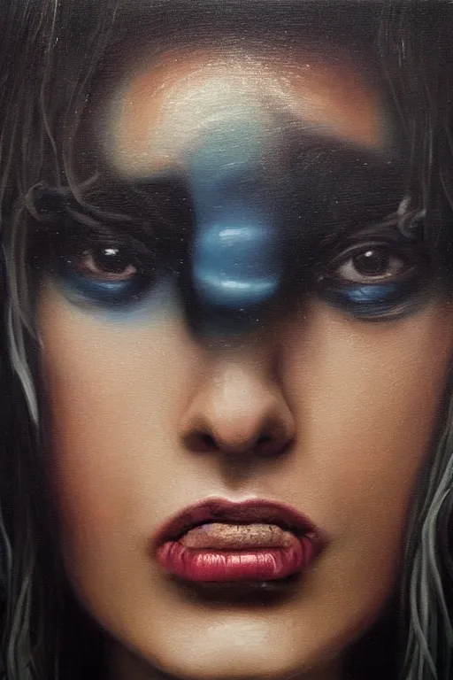 Image similar to hyperrealism oil painting, close - up portrait of face from a tangle of snakes fashion model, knight, street art gradient mixed with nebula sky, in style of baroque