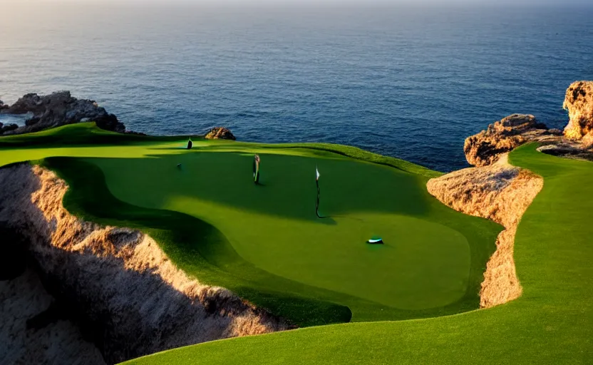 Image similar to a great photograph of the most amazing golf hole in the world, incredible light, cliffs by the sea, perfect green fairway, human perspective, ambient light, 5 0 mm, golf digest, top 1 0 0, fog