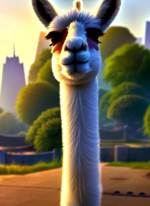 Image similar to a wholesome animation key shot of a llama, close - up, new york zoo in the background, studio ghibli, pixar and disney animation, sharp, rendered in unreal engine 5, anime key art by greg rutkowski, bloom, dramatic lighting