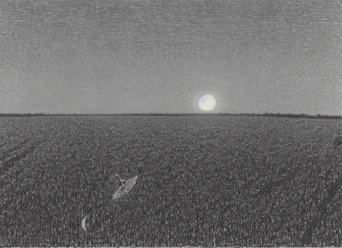 Prompt: Flying saucer landing in corn field with two moons in the sky, albumen silver print by Timothy H. O'Sullivan Ralph Mcquarrie