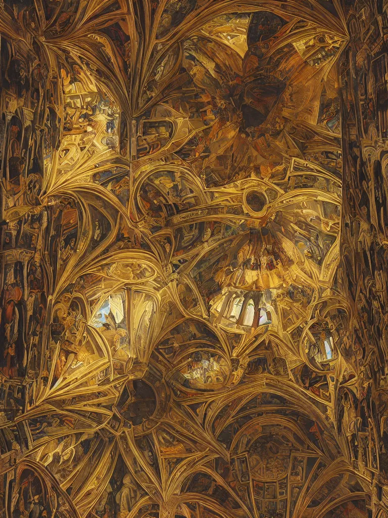 Image similar to hyperrealistic symmetrical still life painting of the inside of a powerful joyful geometric cathedral, first person perspective looking up, by Caravaggio, botanical print, surrealism, vivid colors, serene, golden ratio