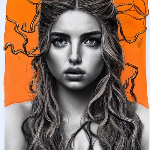 Image similar to ana de armas portrait as medusa from greek mythology, living venomous snakes in place of hair, ink drawing,, hyperdetailed, 8 k realistic, trending on artstation, by alphonso dunn and rob plater and miles yoshida