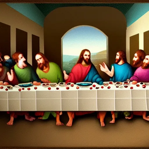 Image similar to the last supper with dinosaurs